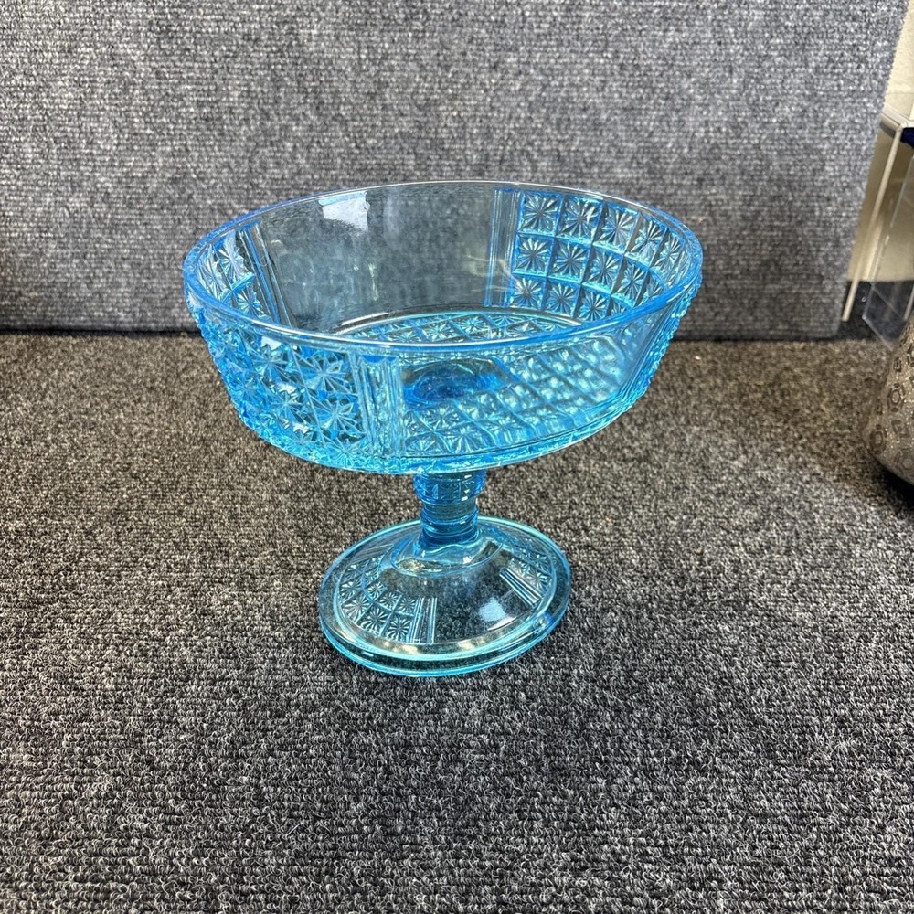 Vtg~Aqua King Glass Blue 2-Panel Oval Compote Bowl